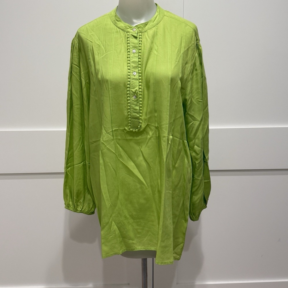 Azulu Lime Green Tunic Blouse Pom Pom Trim Mandarin Collar Coastal Beach Vacay L